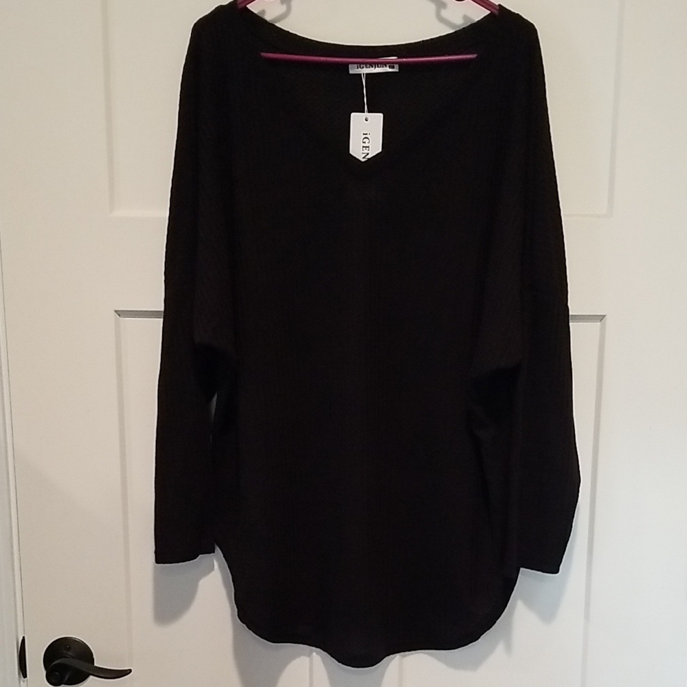 Black V-Neck Lightweight Waffle Knit Long Sleeve Top XL New